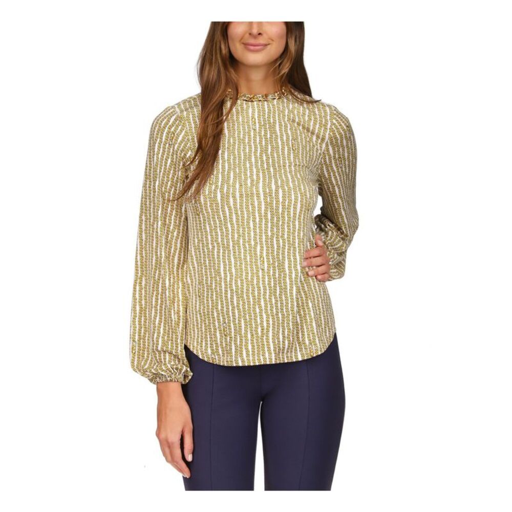 MICHAEL KORS Womens White Unlined Chain Collar Tie Curved Hem Long Sleeve Top XL